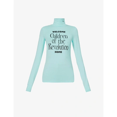 Shop Raf Simons Womens Blue Text-print Turtleneck Stretch-woven Top S