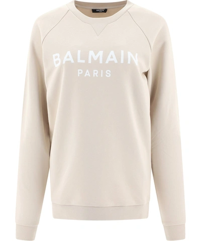 Shop Balmain Logo Printed Crewneck Sweatshirt In Beige