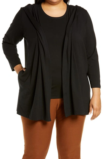 Shop Eileen Fisher Hooded Open Front Organic Cotton Jersey Jacket In Black