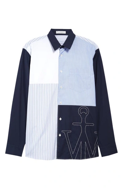 Shop Jw Anderson Patchwork Anchor Relaxed Fit Long Sleeve Button-up Cotton Shirt In Navy
