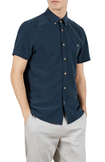 Shop Ted Baker Kostume Trim Fit Dobby Short Sleeve Button-down Shirt In Navy