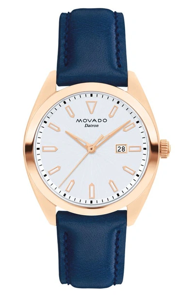 Shop Movado Heritage Datron Leather Strap Watch, 31mm In Blue/ White/ Rose Gold