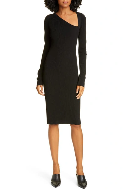 Shop Helmut Lang Rib Asymmetrical Neck Long Sleeve Dress In Black