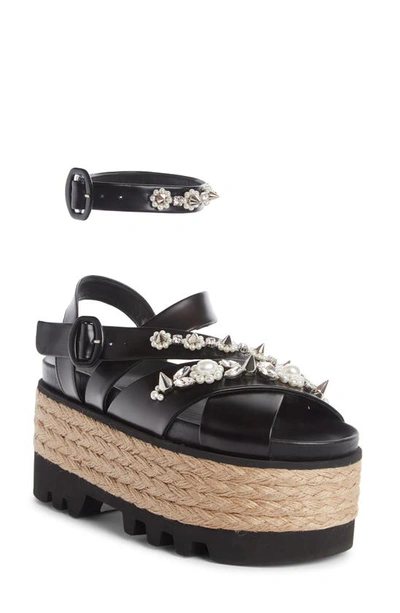 Shop Simone Rocha Embellished Platform Espadrille Sandal In Black/ Pearl/ Clear