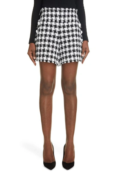Shop Balmain Gingham Tweed High Waist Shorts In White/ Black
