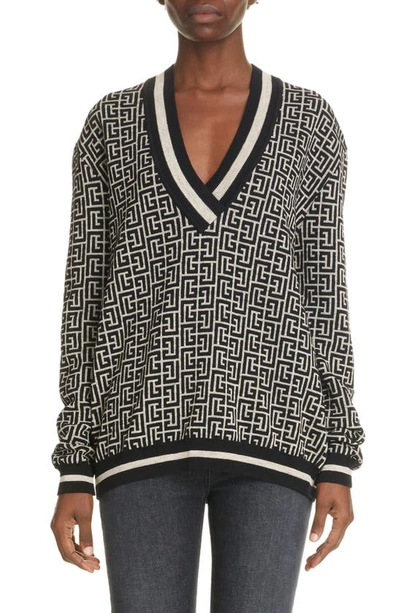 Shop Balmain Monogram Jacquard Merino Wool Blend Sweater In Ivory/ Black