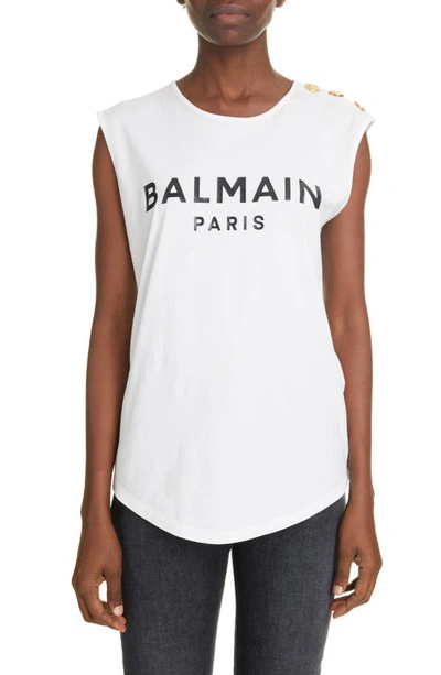 Shop Balmain Button Shoulder Flocked Logo Graphic Tank In White/ Black