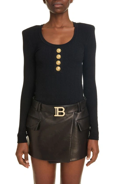 Shop Balmain Ribbed Knit Bodysuit In Black