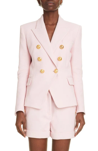 Shop Balmain Pique Cotton Double Breasted Jacket In Pale Pink