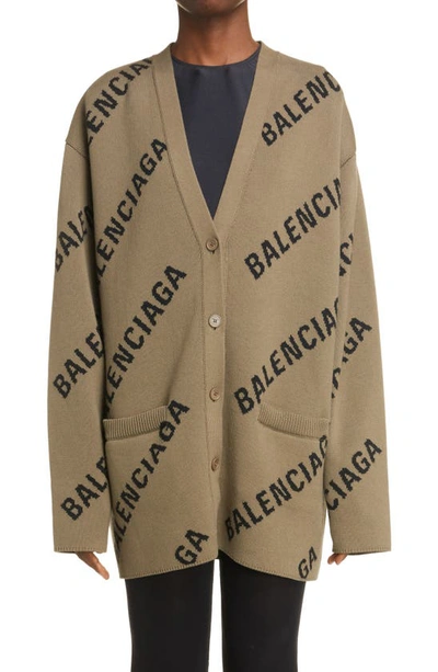 Shop Balenciaga Logo Oversize V-neck Cardigan In Light Brown/ Black