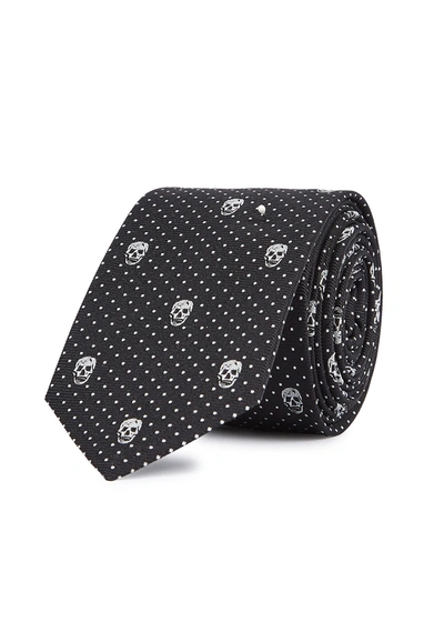 Shop Alexander Mcqueen Skull And Polka Dots Silk-jacquard Tie In Black And White