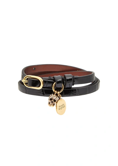 Shop Alexander Mcqueen Black Crocodile-effect Leather Wrap Bracelet
