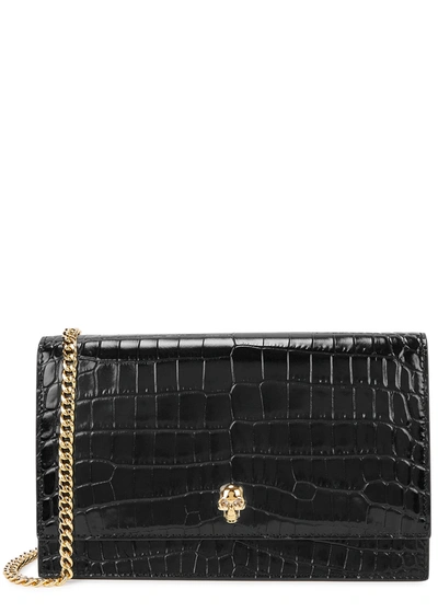 Shop Alexander Mcqueen Medium Black Crocodile-effect Leather Cross-body Bag