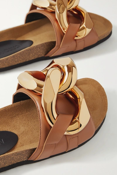 Shop Jw Anderson Chain-embellished Leather Slides In Brown