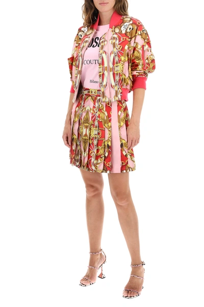 Shop Moschino Silk Miniskirt With Teddy Scarf Print In Fuchsia