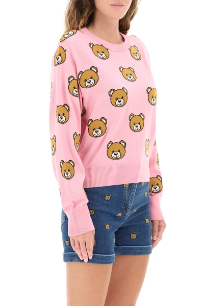 Shop Moschino Teddy Bear Intarsia Sweater In Pink,brown,black