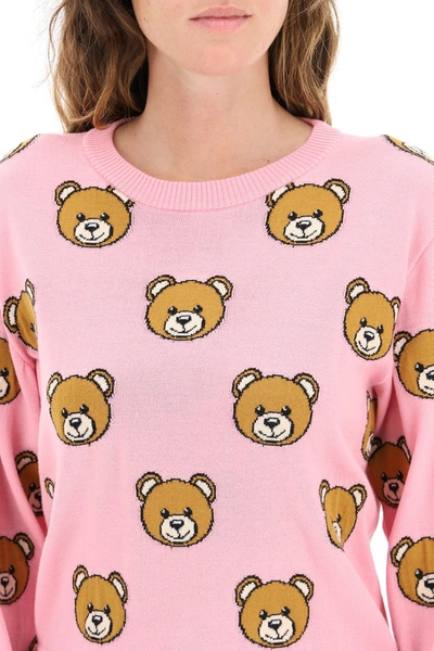 Shop Moschino Teddy Bear Intarsia Sweater In Pink,brown,black