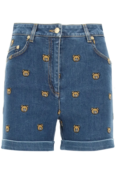 Shop Moschino Denim Shorts With Embroidered Teddy Bear In Blue