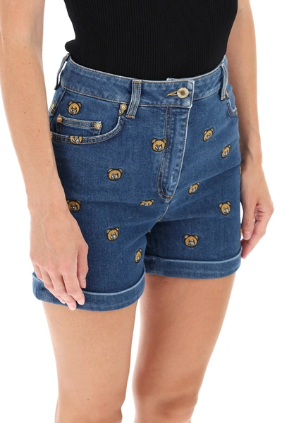 Shop Moschino Denim Shorts With Embroidered Teddy Bear In Blue