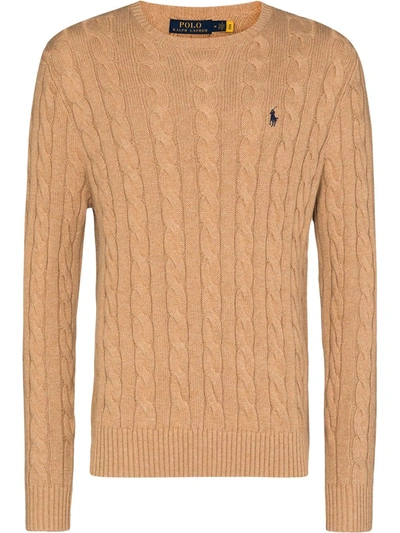 Shop Polo Ralph Lauren Logo-embroidered Cable-knit Jumper In Braun