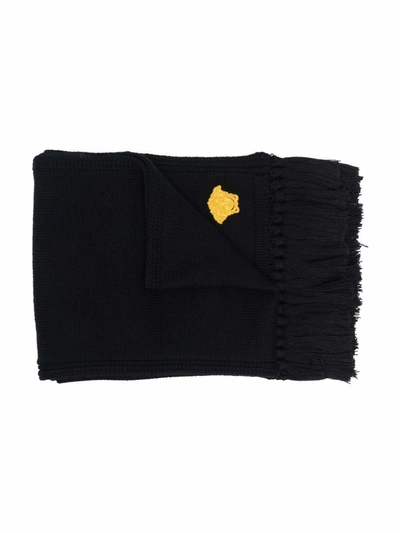 Shop Versace Embroidered Medusa-head Wool Scarf In Black