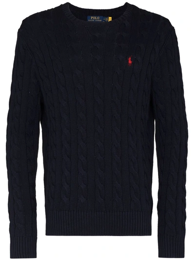 Shop Polo Ralph Lauren Logo-embroidered Cable-knit Jumper In Blau