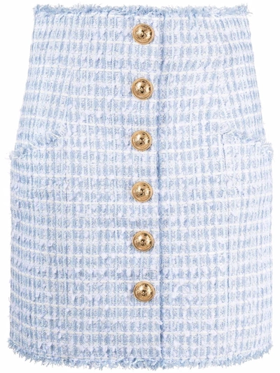 Shop Balmain Embossed-button Tweed Skirt In Blau