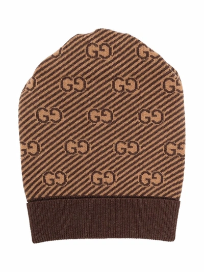 Gucci Kids' Diagonal Gg Pattern Jacquard Knit Hat In Brown | ModeSens