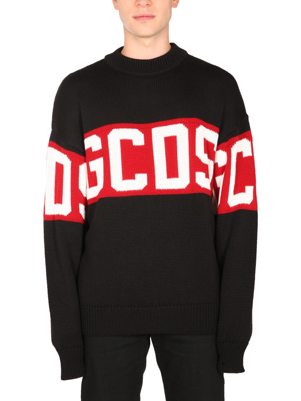 Gcds Wool Blend Sweater With Contrasting Logo Band In Black | ModeSens