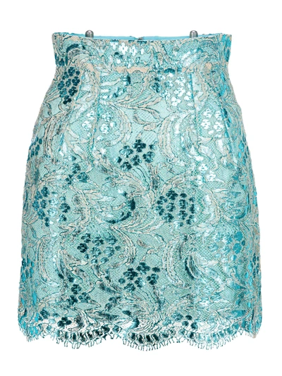 Shop Dolce & Gabbana Laminated Lace Miniskirt In Water Light