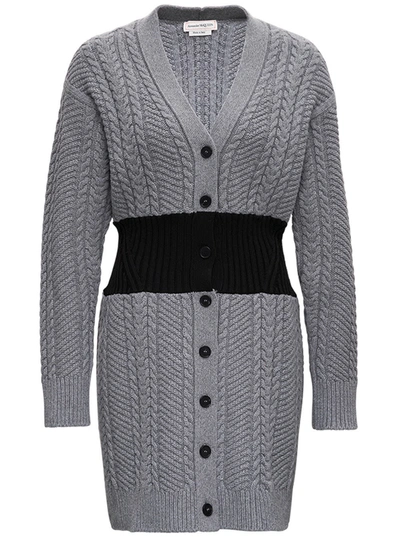 Shop Alexander Mcqueen Long Bicolor Cardigan In Wool And Cashmere In Grey