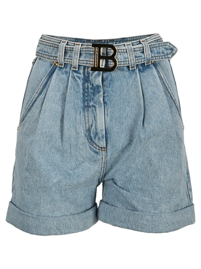 Shop Balmain Buckle High Waist Denim Shorts In Light Blue