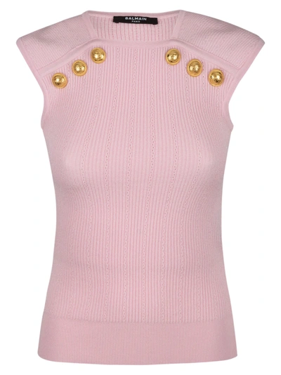Shop Balmain Button Embellished Sleeveless Knit Top In Pink