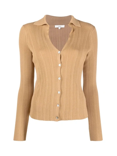 Shop Vince Ribbed Polo Cardigan In Paw Pale Walnut