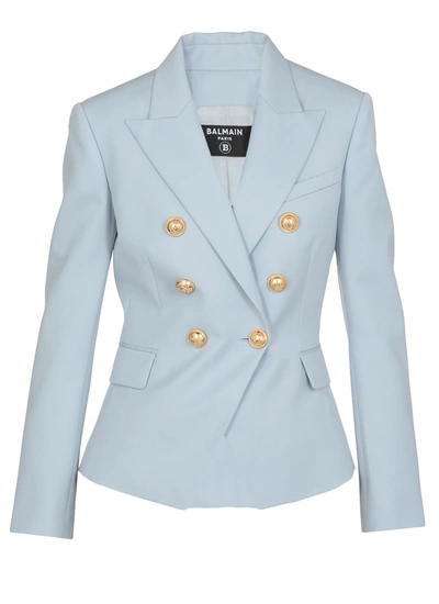 Shop Balmain Wool Double Breasted Jacket In Bleu P Le