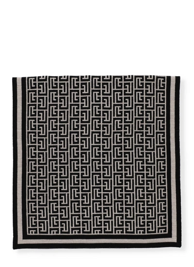 Balmain Monogram Pattern Scarf In Ivoire/noir