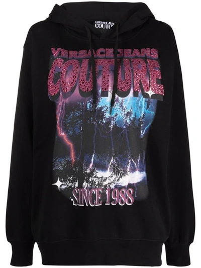 Shop Versace Jeans Couture Graphic-print Cotton Hoodie In 黑色