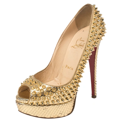 Pre-owned Christian Louboutin Metallic Gold Python Leather Lady Peep Toe Spike Platform Pumps Size 35