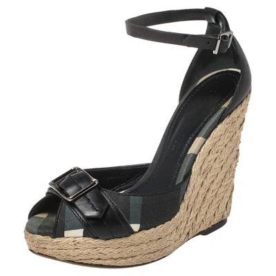 Pre-owned Burberry Black Leather And Novacheck Canvas Buckle Detail Peep Toe Espadrille Wedge Sandals Size 36