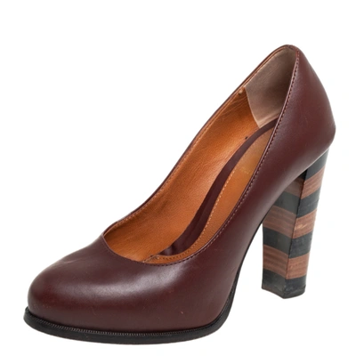 Pre-owned Fendi Burgundy Leather Pequin Block Heel Pumps Size 35