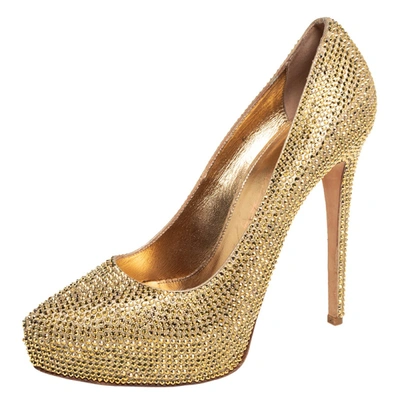 Pre-owned Le Silla Gold Suede Crystal Embellished Platform Pumps Size 38
