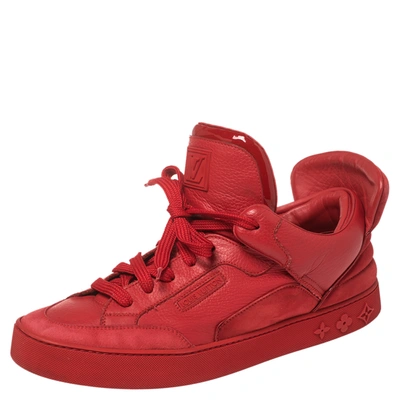 Detail shot of West s red Louis Vuitton Don sneakers