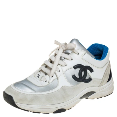 Pre-owned Chanel White/grey Suede, Leather And Fabric Cc Low-top Sneakers  Size 38.5