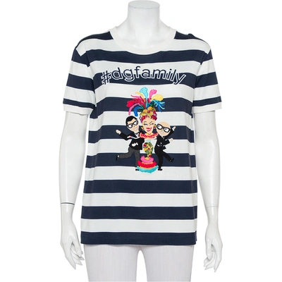 Pre-owned Dolce & Gabbana White & Navy Blue Striped Cotton Patch Detail Crewneck T-shirt M