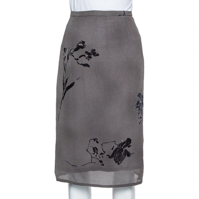 Pre-owned Max Mara Grey Floral Printed Chiffon Midi Skirt L