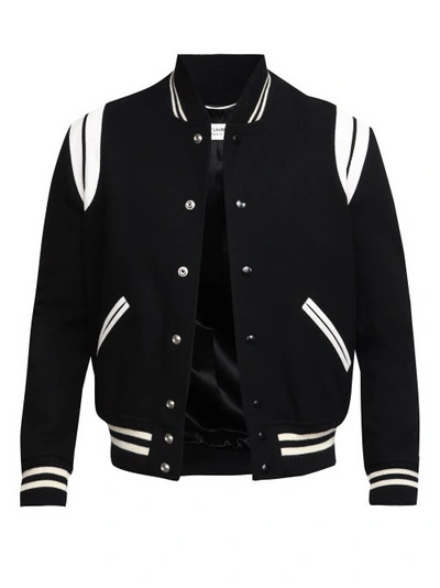 SAINT LAURENT Teddy leather-trimmed recycled wool-blend bomber