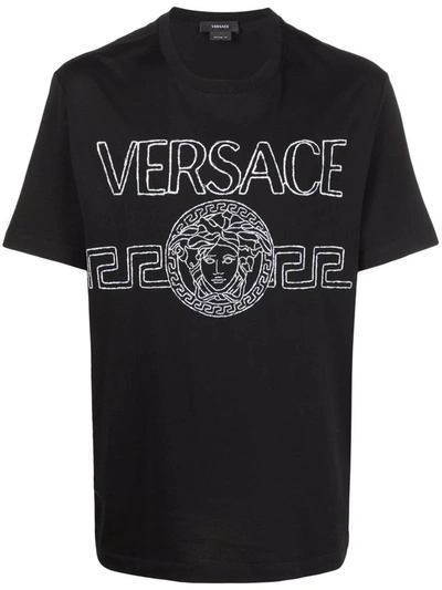 Shop Versace Medusa Logo Embroidered T-shirt In Nero