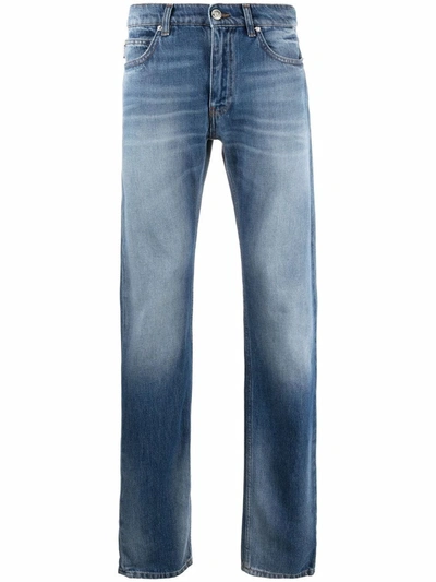 Shop Versace Blue Faded-effect Straight-leg Jeans