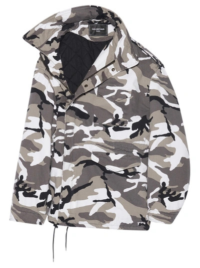 Shop Balenciaga Off-shoulder Camo-print Military Parka Grey