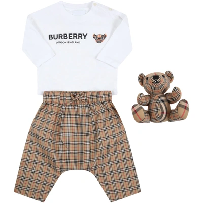 Shop Burberry Multicolor Set For Baby Boy In Beige